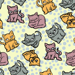 Obraz premium Cute cats pattern for wallpaper, wrapping paper, textile fabric print, pet shop, baby shower, kids room, children theme background. Decorative colourful hand drawn illustration. Line vector drawing.