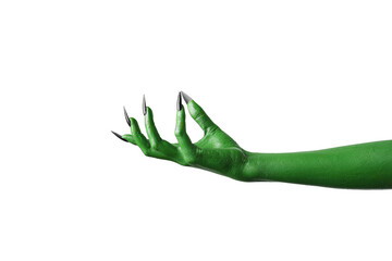 Halloween green color of witches, evil or zombie monster hand isolated on white background.