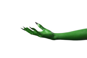 Halloween green color of witches, evil or zombie monster hand isolated on white background.