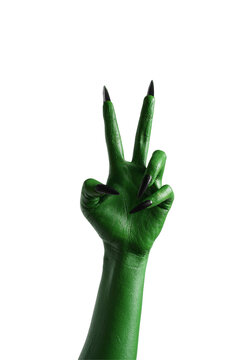 Halloween green color of witches, evil or zombie monster hand isolated on white background, Two fingers.
