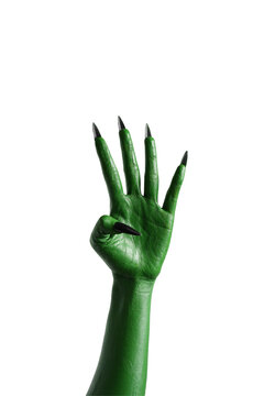 Halloween green color of witches, evil or zombie monster hand isolated on white background, Number four fingers.