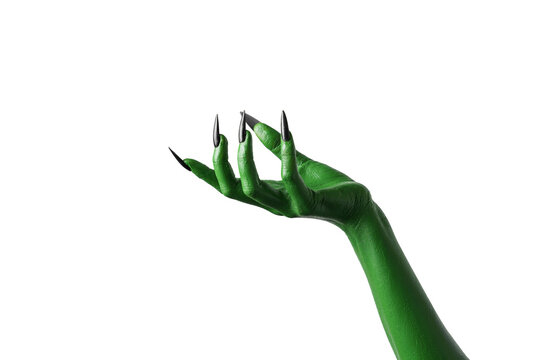 Halloween green color of witches, evil or zombie monster hand isolated on white background.