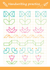 Trace line worksheet for kids. Basic writing. Working pages for children.