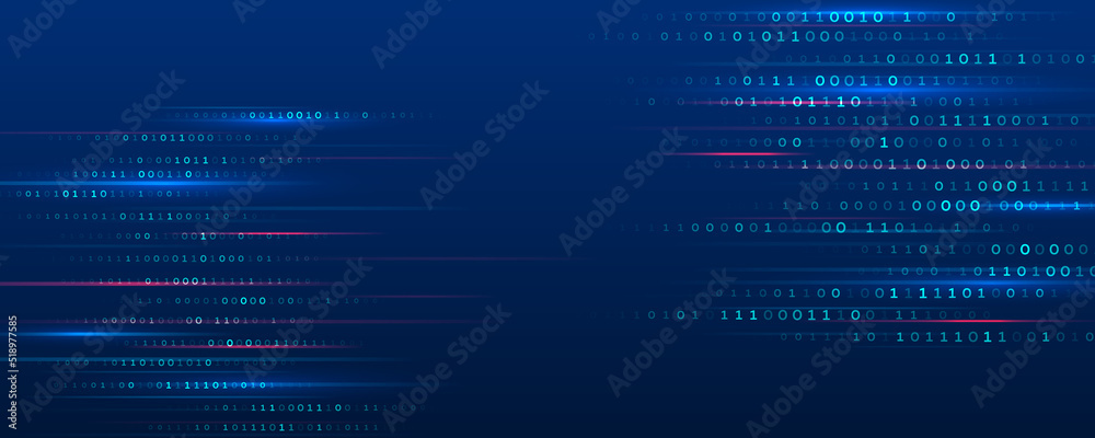 Poster Modern high-tech background for presentations and websites. Abstract background with glowing dynamic lines, binary code. Futuristic red-blue stripes.