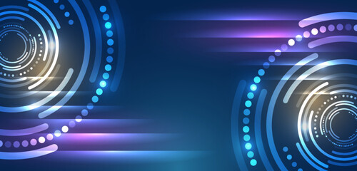Hi-tech computer digital technology concept. Wide Blue background with various technological elements. Abstract circle technology communication, vector illustration.