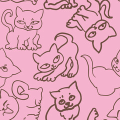Cute cats pattern for wallpaper, wrapping paper, textile fabric print, pet shop, baby shower, kids room, children theme background. Decorative colourful hand drawn illustration.  Line art drawing.