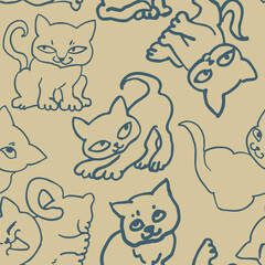 Cute cats pattern for wallpaper, wrapping paper, textile fabric print, pet shop, baby shower, kids room, children theme background. Decorative colourful hand drawn illustration.  Line art drawing.