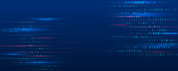 Modern high-tech background for presentations and websites. Abstract background with glowing dynamic lines, binary code. Futuristic red-blue stripes.