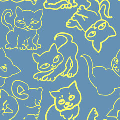 Cute cats pattern for wallpaper, wrapping paper, textile fabric print, pet shop, baby shower, kids room, children theme background. Decorative colourful hand drawn illustration.  Line art drawing.