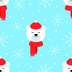 Vector seamless pattern with polar bears and snowflakes in cartoon style