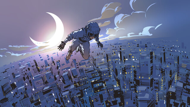 Fototapeta superboy flying in the sky over the big city at night, digital art style, illustration painting