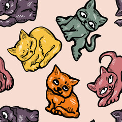 Cute cats pattern for wallpaper, wrapping paper, textile fabric print, pet shop, baby shower, kids room, children theme background. Decorative colourful hand drawn illustration.  Line art drawing.