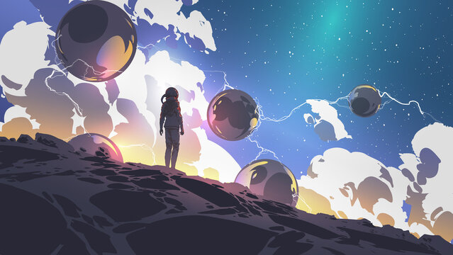 spaceman looking at the huge spheres floating in the air, digital art style, illustration painting