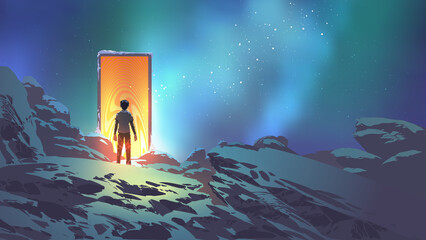 Mann steht vor der leuchtenden Tür, die zu einem anderen Reich führt, digitaler Kunststil, Illustrationsmalerei