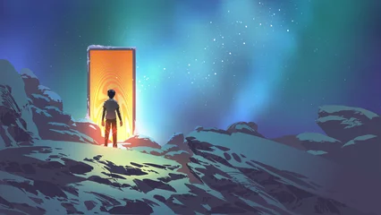 Photo sur Plexiglas Grand échec homme debout devant la porte rougeoyante qui mène à un autre royaume, style d& 39 art numérique, peinture d& 39 illustration