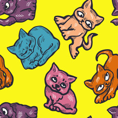 Cute cats pattern for wallpaper, wrapping paper, textile fabric print, pet shop, baby shower, kids room, children theme background. Decorative colourful hand drawn illustration.  Line art drawing.