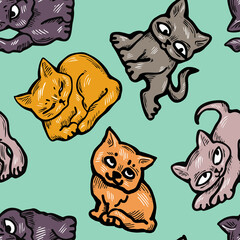 Cute cats pattern for wallpaper, wrapping paper, textile fabric print, pet shop, baby shower, kids room, children theme background. Decorative colourful hand drawn illustration.  Line art drawing.