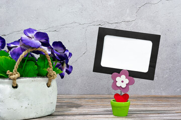 Paper frame with potted plant on wooden background. Copy space.