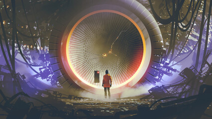 A man standing looking at the huge circular building, digital art style, illustration painting