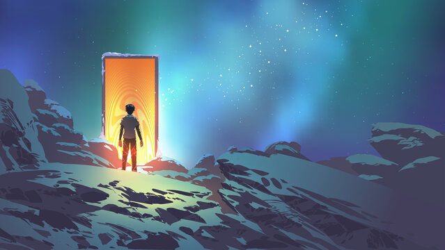 Fototapeta man standing in front of the glowing door that lead to another realm, digital art style, illustration painting