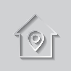 Location pointer, house simple icon vector. Flat design. Paper style with shadow. Gray background.ai