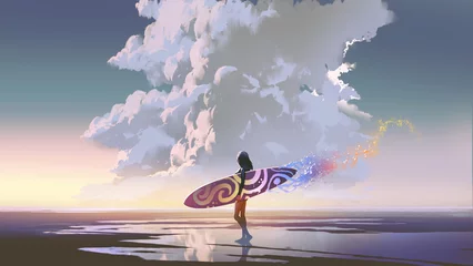 Foto auf Acrylglas Frau, die ein buntes Surfbrett hält, das am Strand steht und den Himmel betrachtet, digitaler Kunststil, Illustrationsmalerei © grandfailure