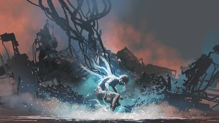 Poster Grandfailure sci-fi-concept met een cyborg-mannetje dat energie herstelt, digitale kunststijl, illustratie, schilderkunst