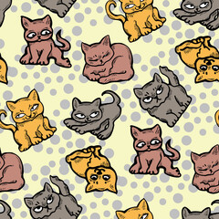 Cute cats pattern for wallpaper, wrapping paper, textile fabric print, pet shop, baby shower, kids room, children theme background. Decorative colourful hand drawn illustration.  Line art drawing.