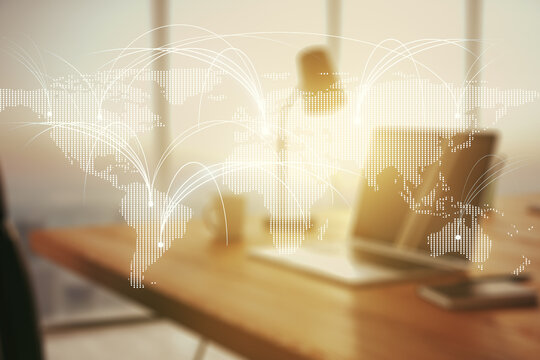 Double exposure of abstract digital world map with connections on laptop background, research and strategy concept