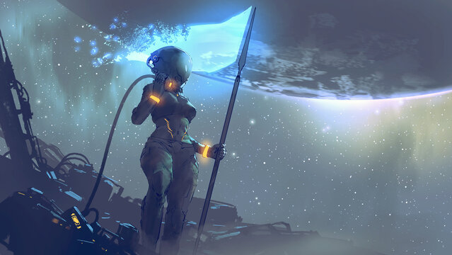 Fototapeta futuristic woman holding a glowing flag standing on a structure against a large planet in the background, digital art style, illustration painting