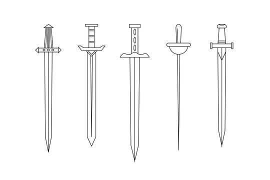  Medieval long swords drawn art line style. Set of simple vector images
