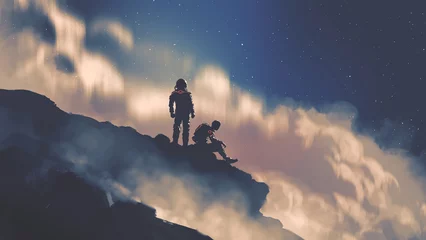 Fototapeten Zwei Astronauten, die auf Felsen sitzen und den Nachthimmel betrachten, digitaler Kunststil, Illustrationsmalerei © grandfailure