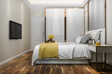 3d rendering luxury modern bedroom suite in hotel with wardrobe and walk in closet