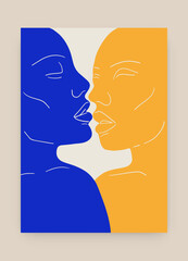 Abstract poster with kissing couple. Modern Matisse inspired art print, hand drawn portrait contemporary style. Vector illustration