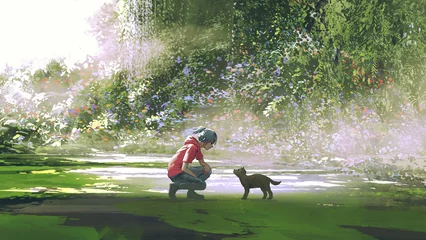 Foto op Plexiglas tienerjongen zit en kijkt naar een puppy die verdwaald is in het bos, digitale kunststijl, illustratie, schilderkunst © grandfailure