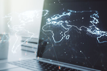 Double exposure of abstract digital world map on computer background, big data and blockchain concept