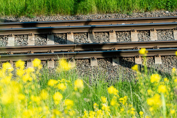 Railway and sleepers close-up. A major railway interchange near the station for train traffic, logistics between cities, cargo transportation.