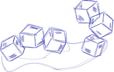 Hand drawn line ice cube, sugar, toys. Cold pieces, pieces of ice,  doodle sketches. The review is illustrated with cubes. Vector illustration with cubes.