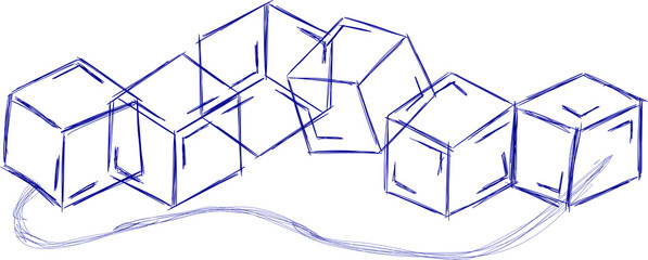 Hand drawn line ice cube, sugar, toys. Cold pieces, pieces of ice,  doodle sketches. The review is illustrated with cubes. Vector illustration with cubes.