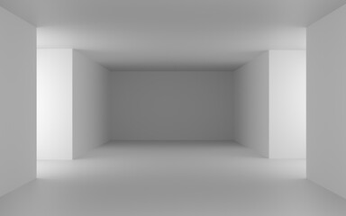 3D rendering of a room against an empty space background. White background with light white walls and white floor