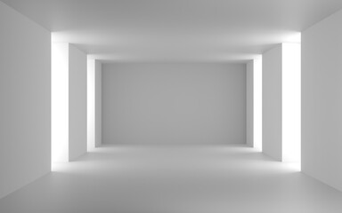 3D rendering of a room with an empty space background. modern room with white walls. hallway indoors with white light