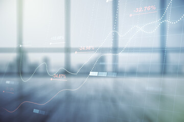 Double exposure of abstract virtual statistics data hologram on empty modern office background, statistics and analytics concept