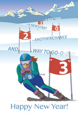 2023 happy new year concept of skier racing downhill passing flag with year and message of a new start and another chance, portrait