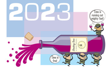 Obraz na płótnie Canvas 2023 happy new year concept of stealing time with cartoon characters carrying bottle away, celebrating with glass in hand 