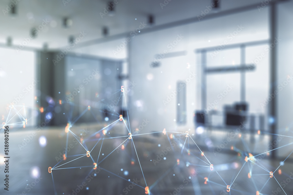 Poster double exposure of abstract virtual technology hologram on modern corporate office background. resea
