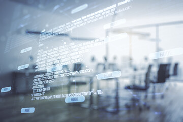 Abstract virtual coding concept on a modern furnished office background. Multiexposure