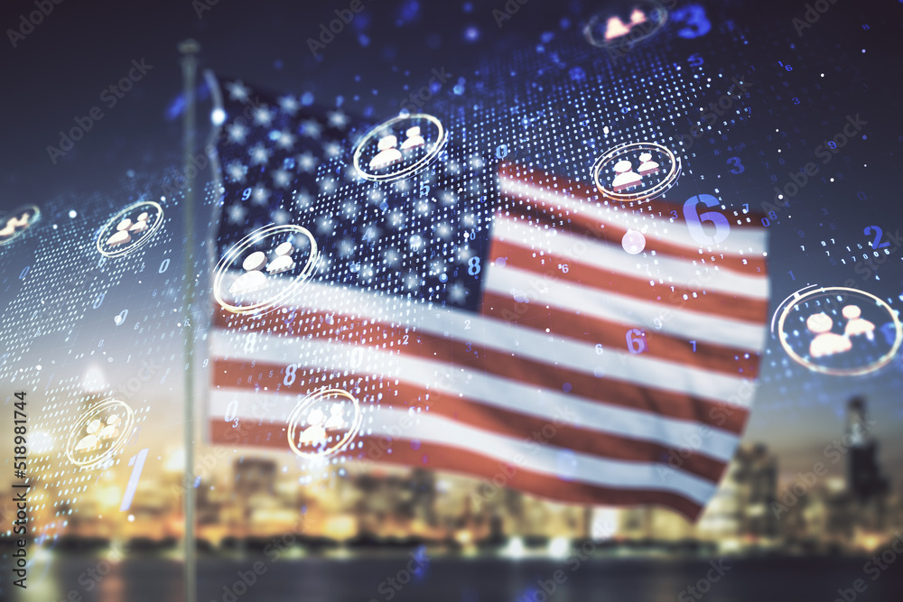 Poster double exposure of social network icons interface and world map on us flag and skyline background. n