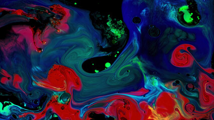 Fototapeta na wymiar Fluid art background with colorful tints liquid surface. Stock footage. Amazing effect of acrylic paints on black canvas, mixing different bright colors.