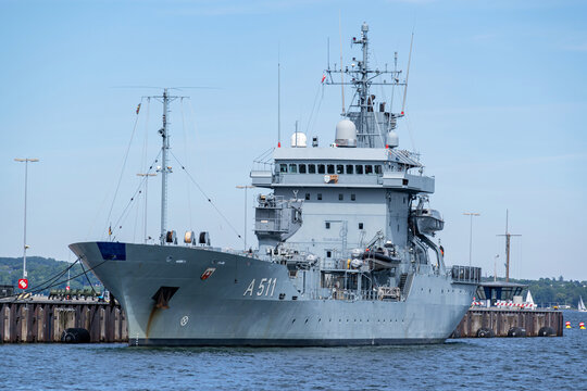KIEL, GERMANY - JUNE 5, 2022: German Navy replenishment ship ELBE A511 in the port of Kiel