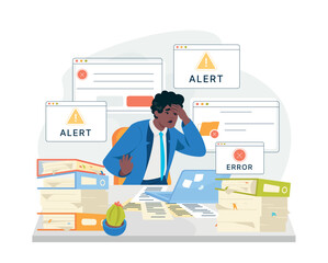 Operating system error warning notifications windows. Stressed man screaming while covered by computer messages. Man confused with laptop spam or mistake notification